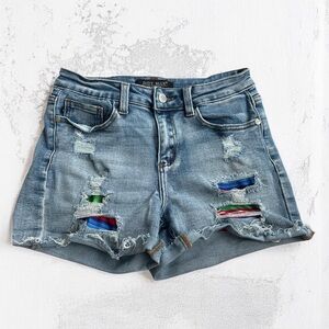 Judy Blue distressed denim shorts serape color patch size S